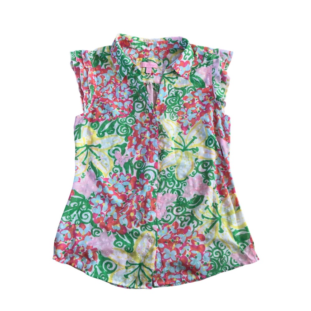 Lilly Pulitzer Womens Multi Color Floral Clip Dot Ruffle Sleeve Blouse Size 6
